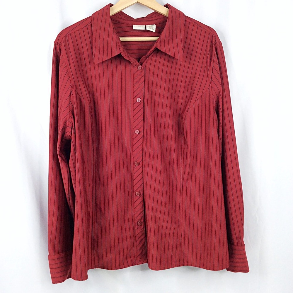 Merona Striped Button Down Top Womens Plus Size 2X Red Black Long Sleeve Stretch